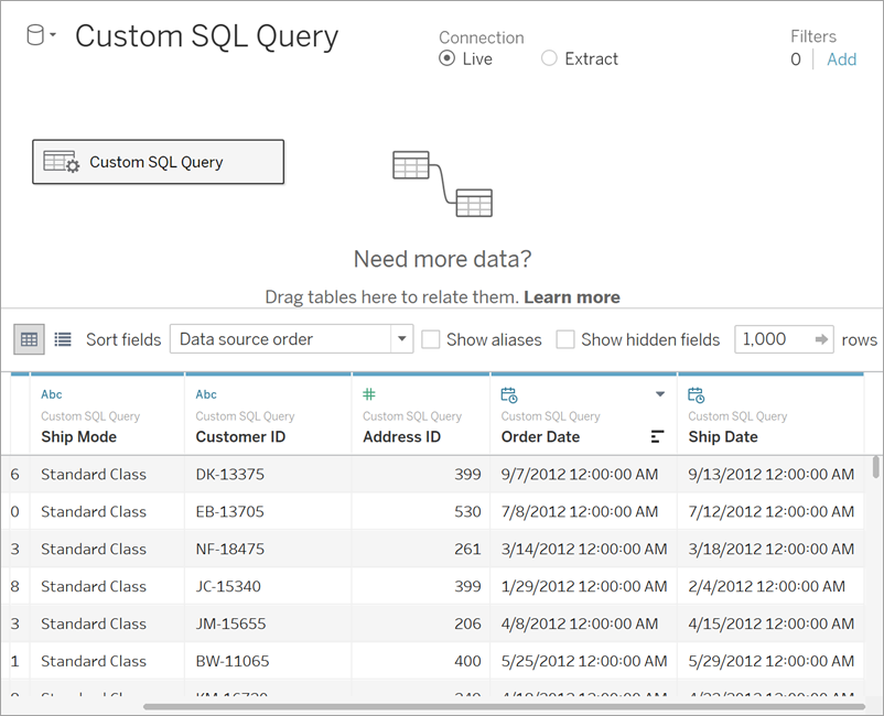 Custom SQL Queries Tableau