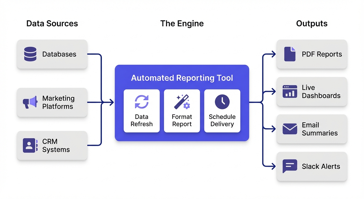 Diagram showing data flowing from sources through a reporting tool to various outputs